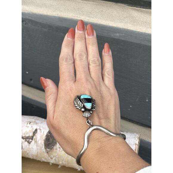 Signed Navajo Sterling Silver Turquoise Onyx Inlay Cuff Bracelet Sweater Drop - Picture 5 of 7